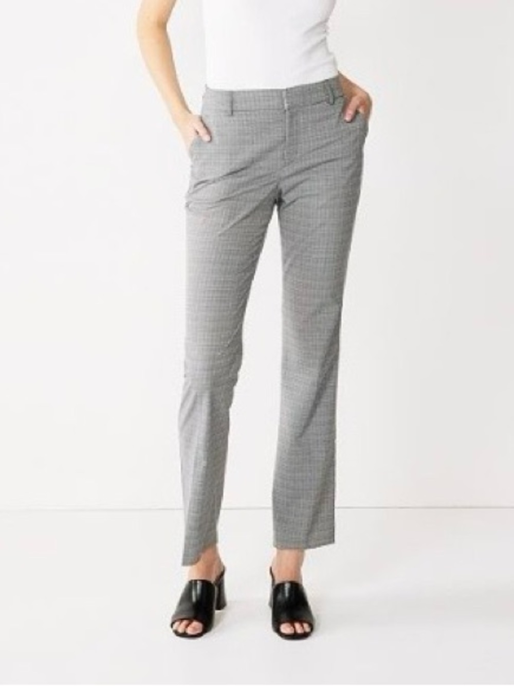 Nine West Light Gray Plaid Check Barely Bootcut Sculpting Dress Pant Womens 8